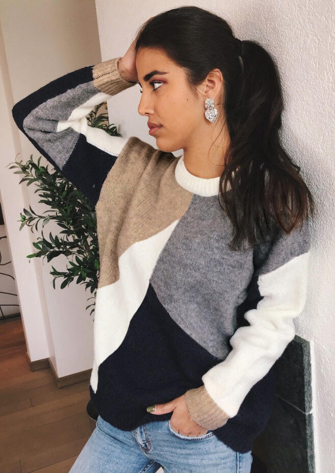 

Color Block O-Neck Sweater -Multicolor, 457169
