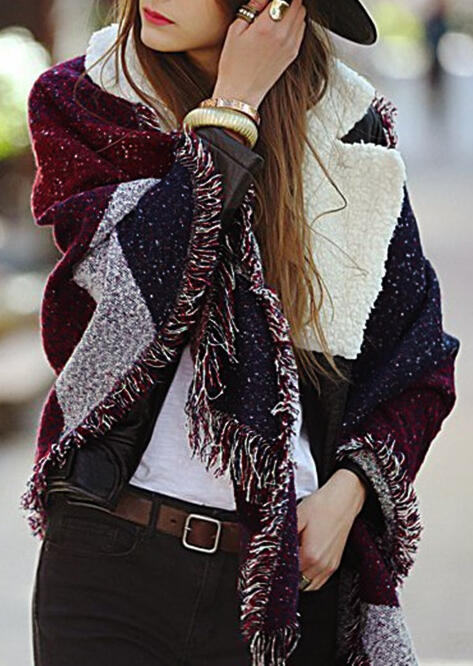 

Plaid Color Block Side Tassel Warm Scarf, Red;gray, 457181