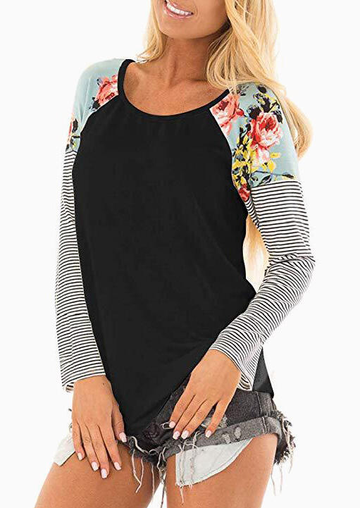 

Floral Striped Splicing O-Neck T-Shirt Tee - Black, 457184