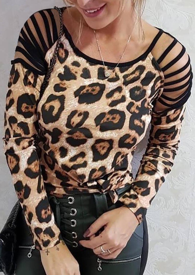 

Blouses Leopard Printed Splicing Hollow Out Blouse without Necklace. Size