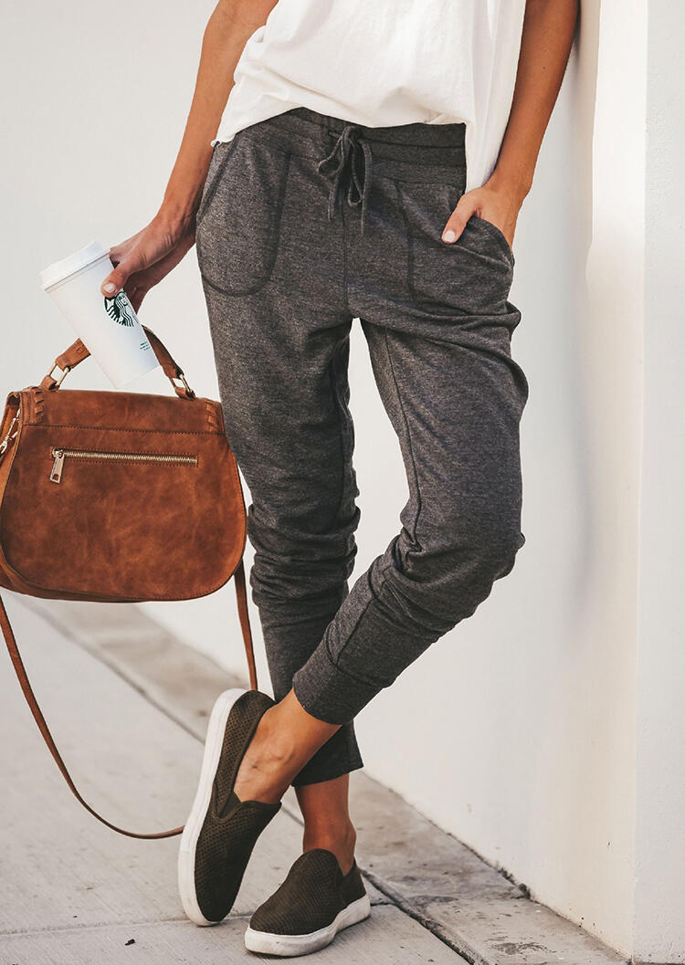 

Solid Pocket Drawstring Pants - Dark Grey, 457117