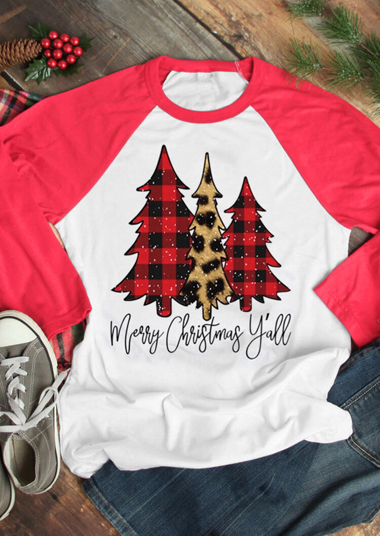 

Leopard Plaid Splicing Merry Christmas Y'all T-Shirt Tee - White, 457162