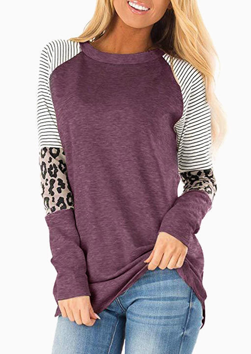 

Striped Splicing Leopard T-Shirt Tee - Cameo Brown, 457188