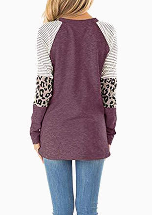 Striped Splicing Leopard Blouse - Cameo Brown