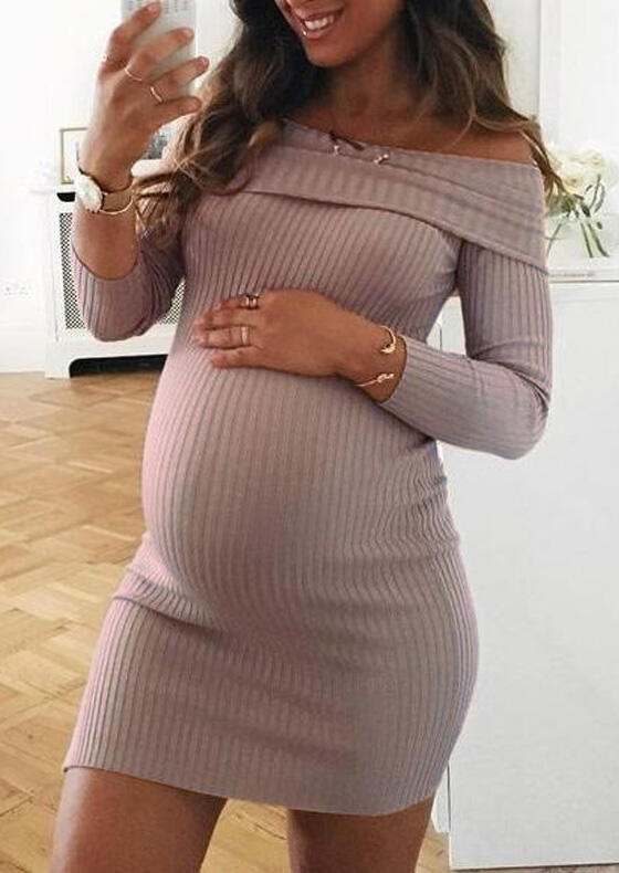 

Maternity Solid Off Shoulder Mini Dress - Khaki, 457221