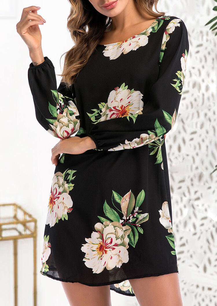 

Floral Open Back Tie Long Sleeve Mini Dress - Black, 457234