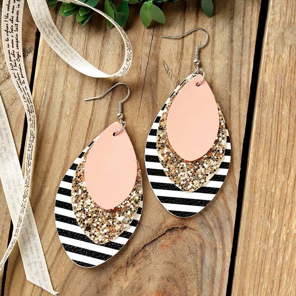 

Multi-Layered Sequined Striped Leather Earrings, Black;pink;multicolor, 457238