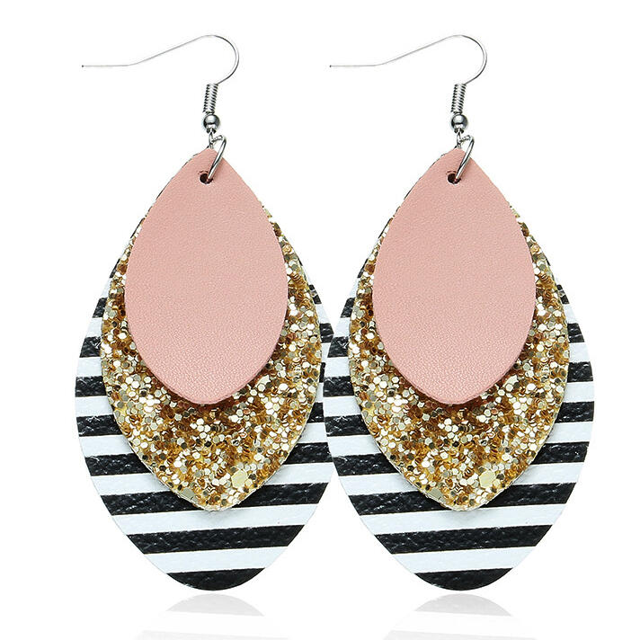 Multi-Layered Sequined Striped Leather Earrings