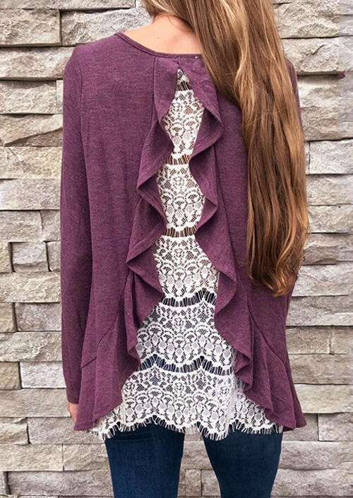 

Back Lace Splicing Ruffled Blouse - Purple, 457246