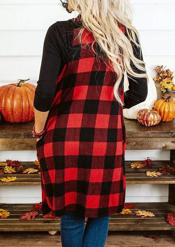 Red Plaid Sleeveless Splicing Asymmetric Cardigan For Women in Red. Size: L,M,S,XL