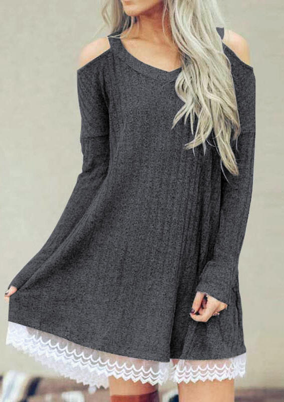 

Solid Lace Splicing Cold Shoulder Mini Dress - Dark Grey, 457250