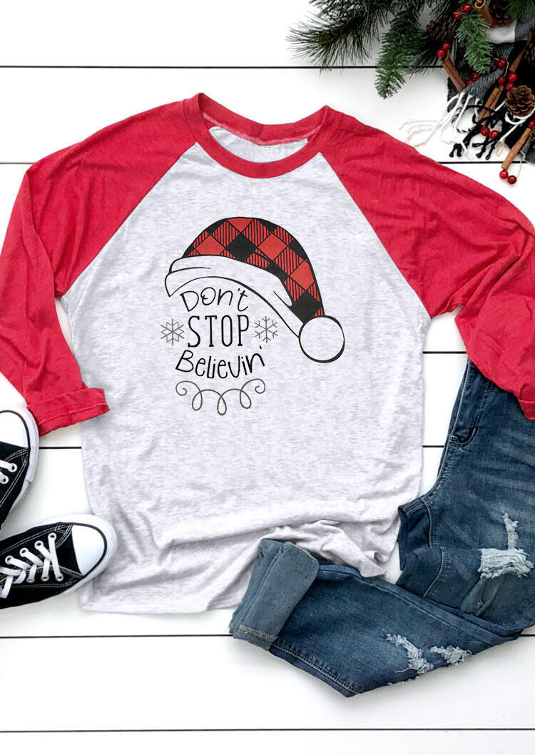 

Tees T-shirts Don't Stop Believin' Christmas Hat T-Shirt Tee - Light Grey. Size: S