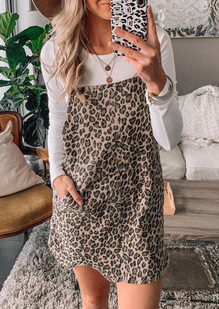 

Leopard Printed Splicing Pocket Spaghetti Strap Mini Dress without Necklace, 457293
