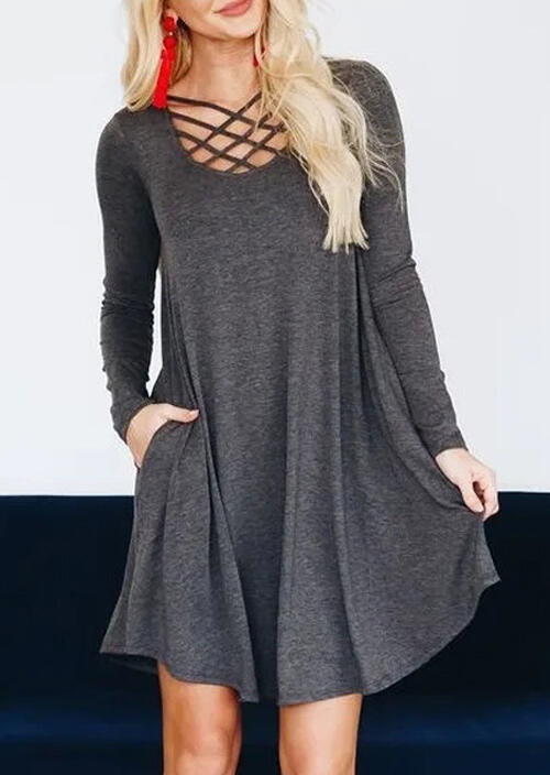 

Solid Criss-Cross Pocket Mini Dress - Gray, 457302
