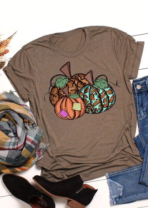 

Leopard Printed Splicing Thanksgiving Pumpkin T-Shirt Tee - Coffee, 457319