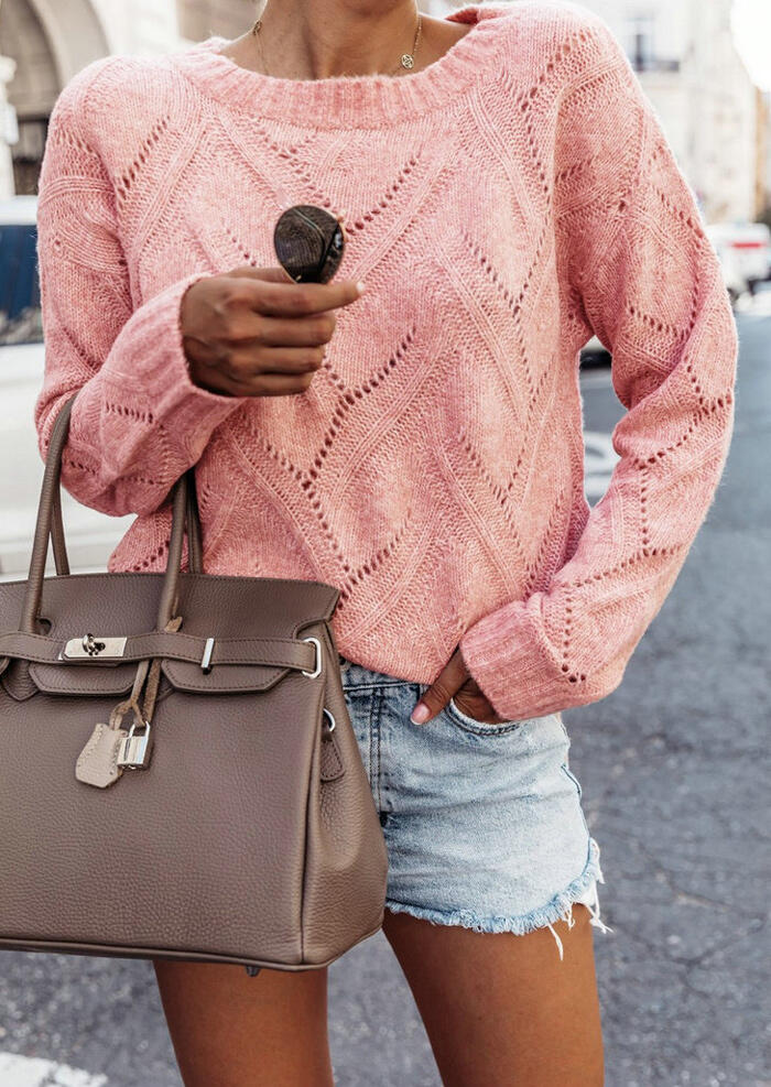 

Solid Knitted Hollow Out Sweater without Necklace - Pink, 457320