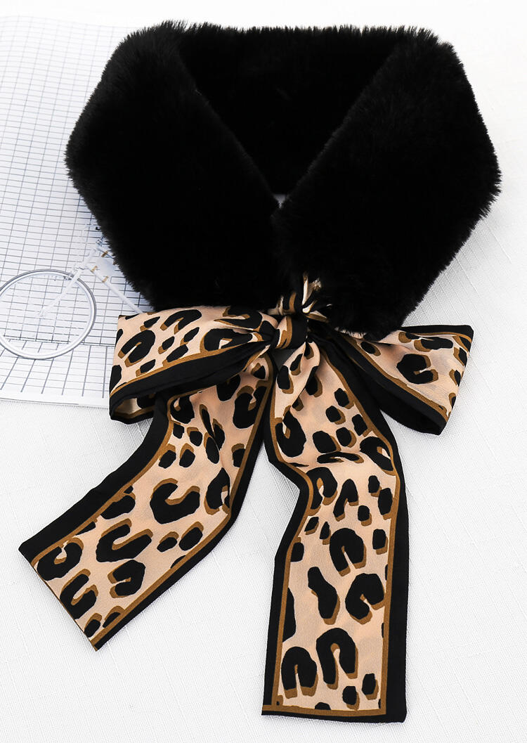 

Leopard Printed Bow Faux Fur Warm Scarf, Black;white;beige, 457323