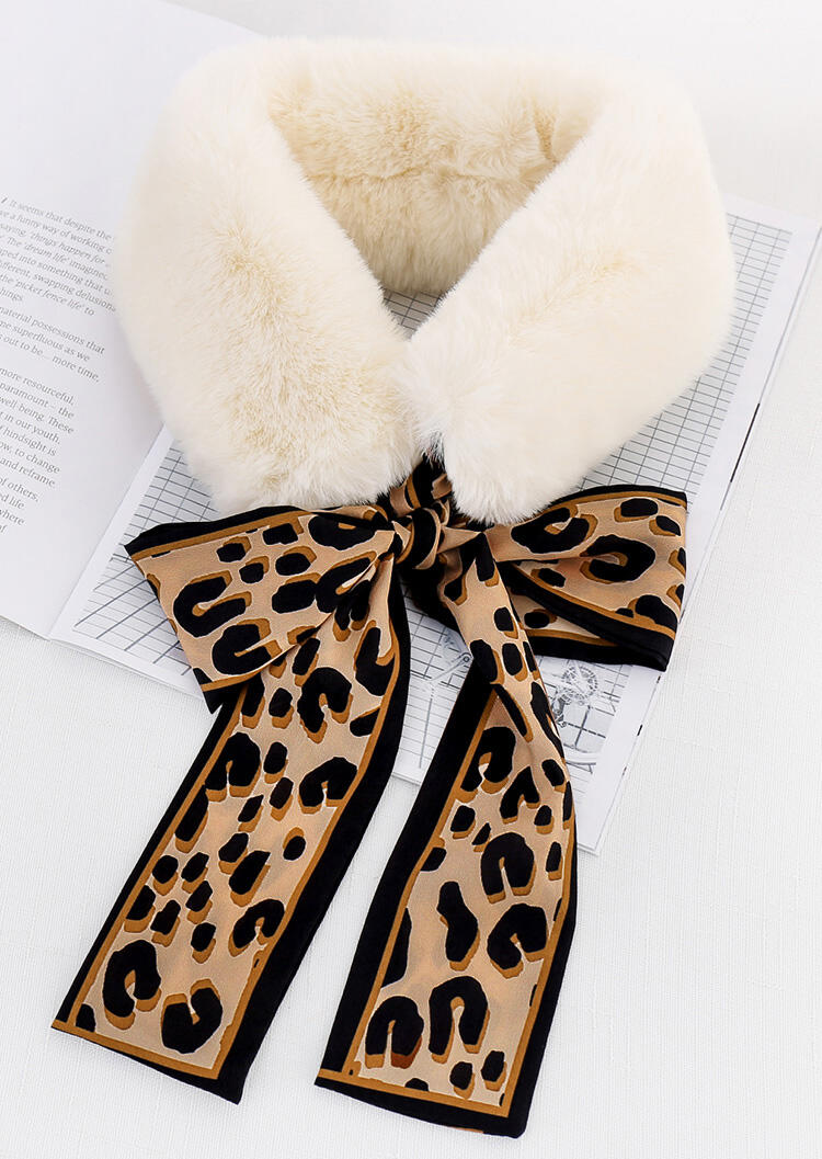 Scarves Leopard Printed Bow Faux Fur Warm Scarf in White. Size: One Size