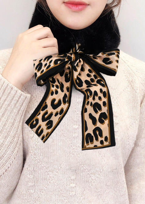 

Scarves Leopard Printed Bow Faux Fur Warm Scarf in White. Size