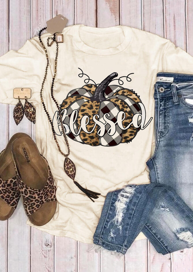 

Plaid Leopard Printed Pumpkin Blessed T-Shirt Tee - Beige, 457325