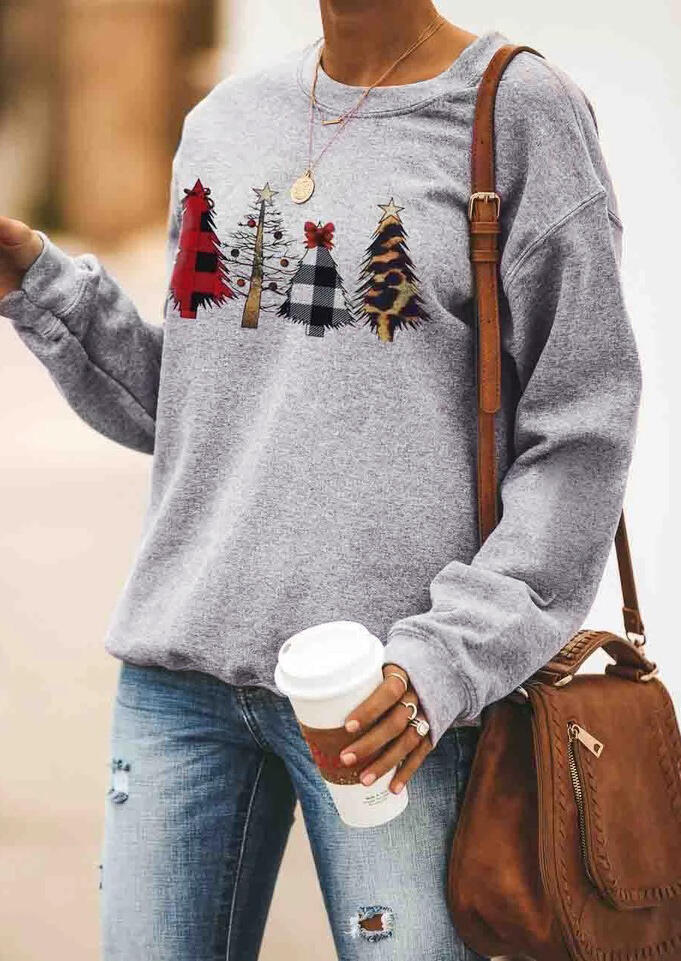 Christmas Trees Plaid Sweatshirt without Necklace in Gray. Size: 2XL,L