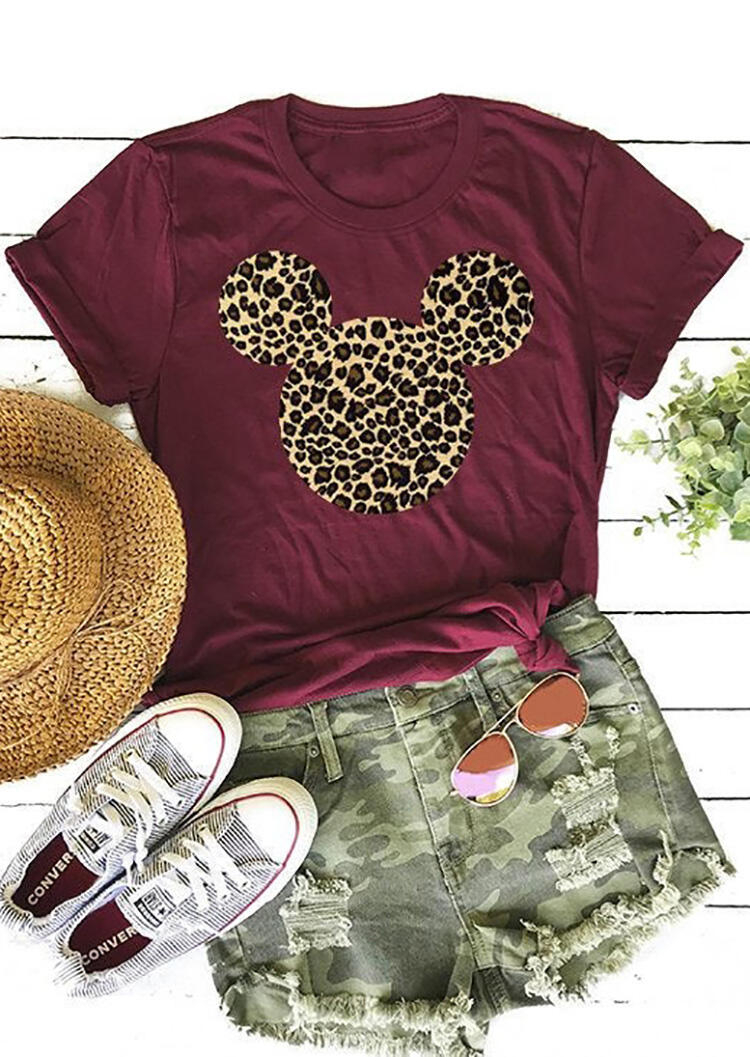 

Tees T-shirts Leopard Printed Cartoon T-Shirt Tee - Burgundy. Size