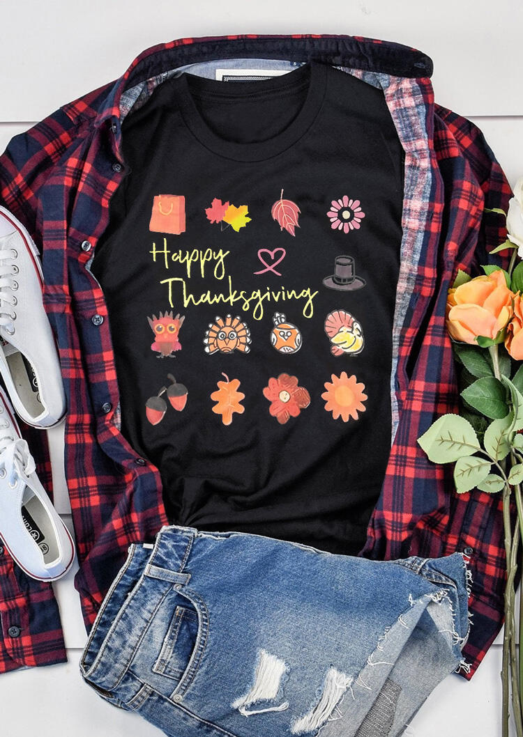 

Tees T-shirts Happy Thanksgiving O-Neck T-Shirt Tee - Black. Size: S,M,,XL