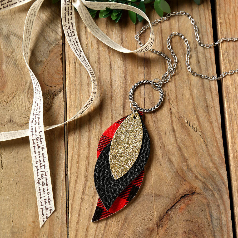 

Plaid Sequined Leaf Multi-Layered Necklace, Red, 457298