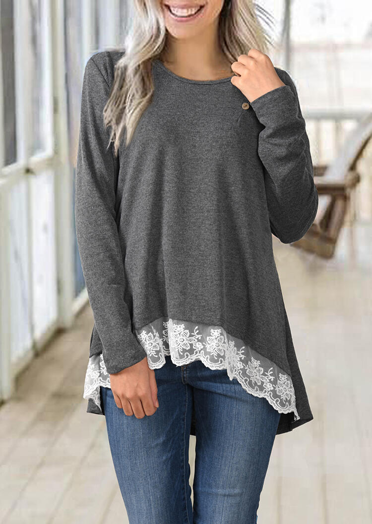 

Lace Splicing Long Sleeve Button Blouse - Dark Grey, 457301