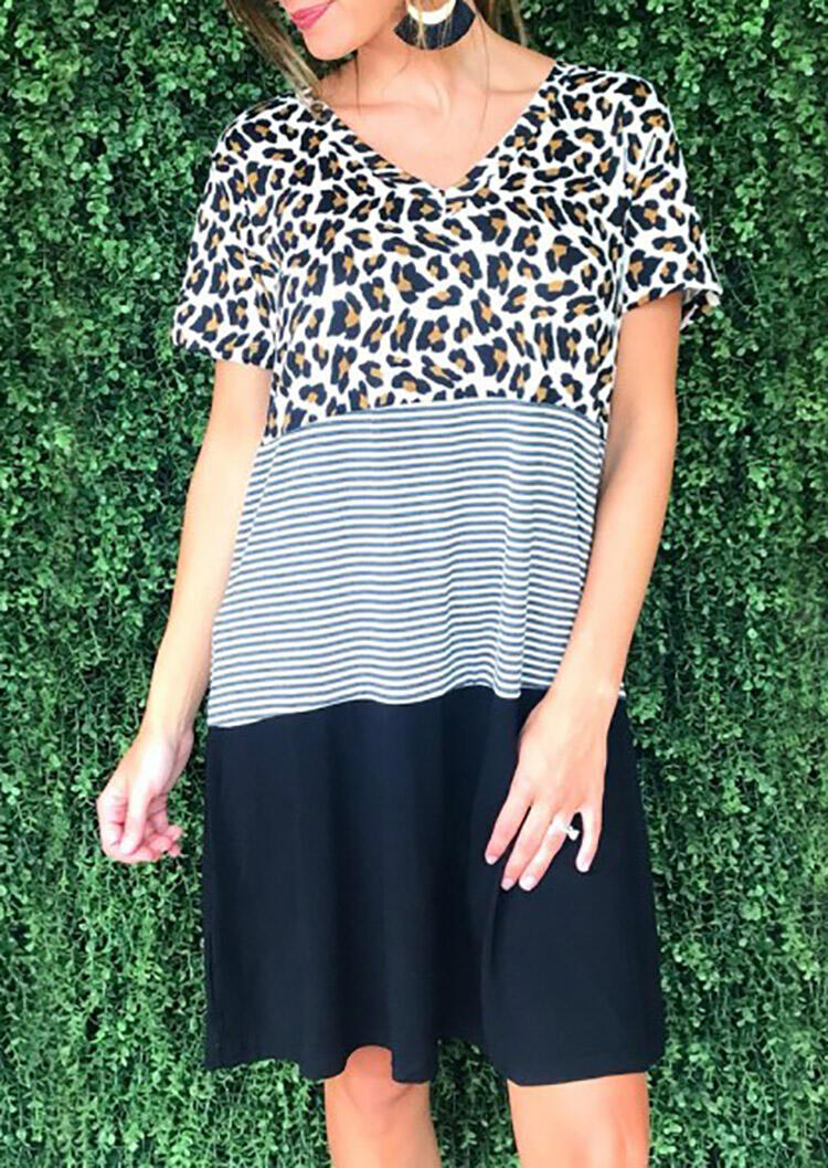 

Mini Dresses Leopard Printed Striped Splicing V-Neck Mini Dress. Size