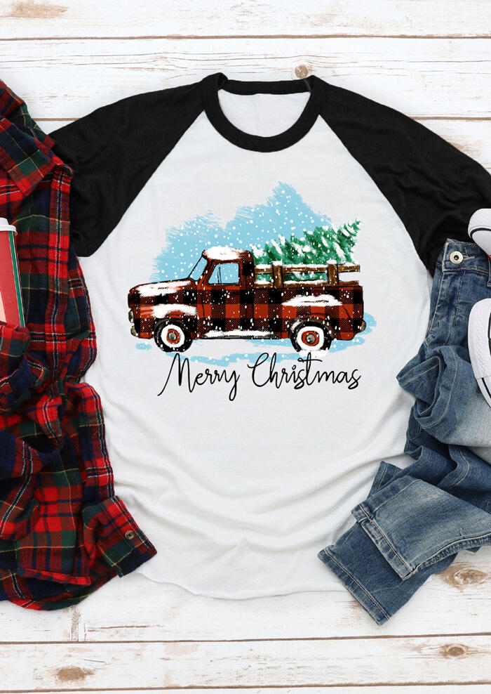 

Merry Christmas Plaid Car T-Shirt Tee - White, 457382