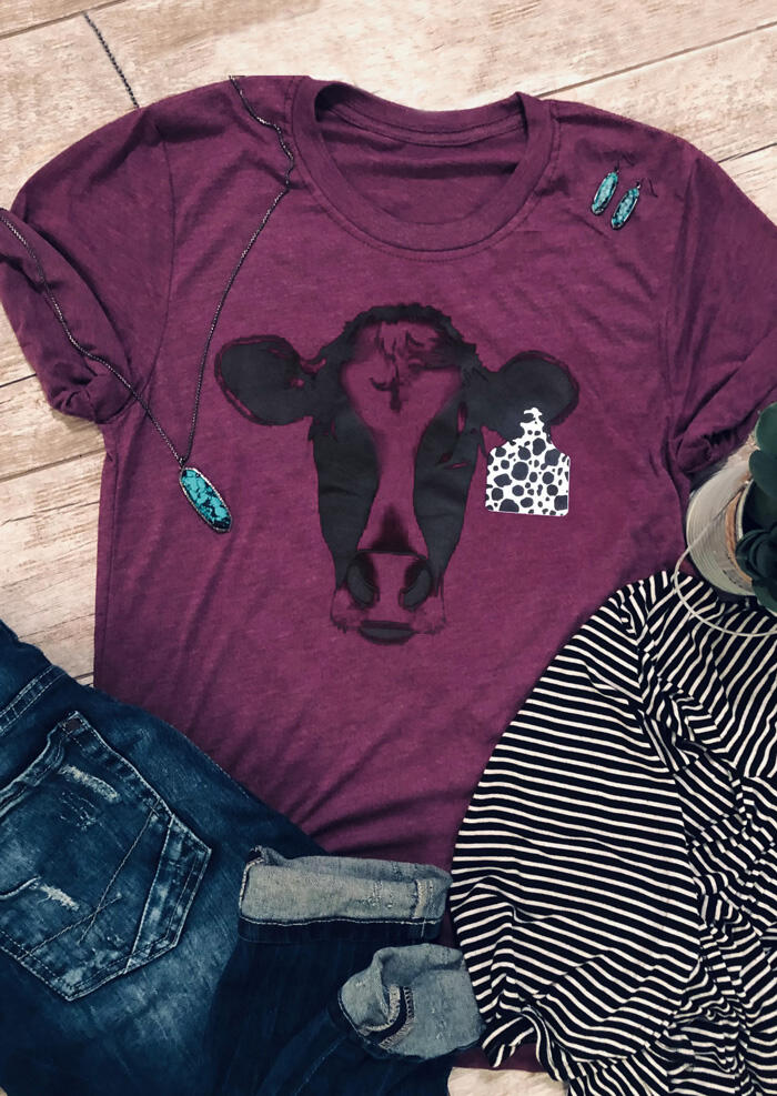 

Leopard Printed Cattle T-Shirt Tee without Necklace - Plum, 457410