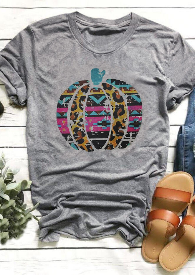 

Aztec Leopard Printed Pumpkin T-Shirt Tee - Gray, 457430