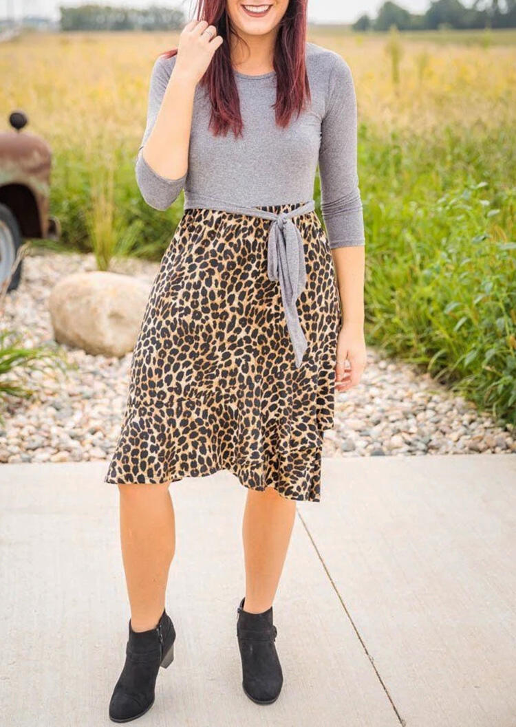 

Casual Dresses Leopard Printed Splicing Tie Casual Dress - Gray. Size: S,M,,XL