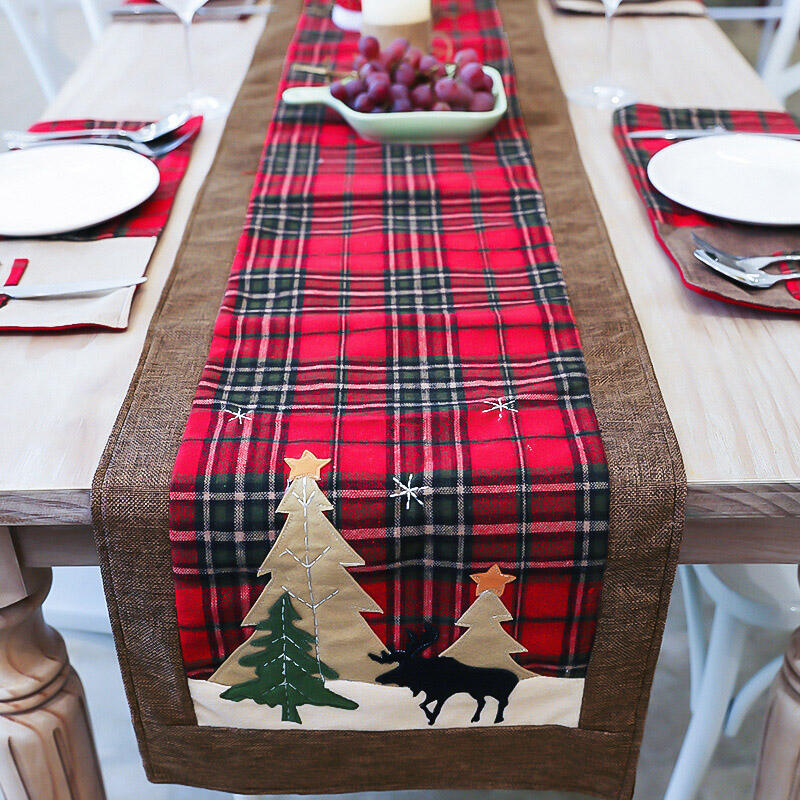 

Christmas Tree Elk Plaid Table Runner Table Flag Cloth Cover, Red, 457473