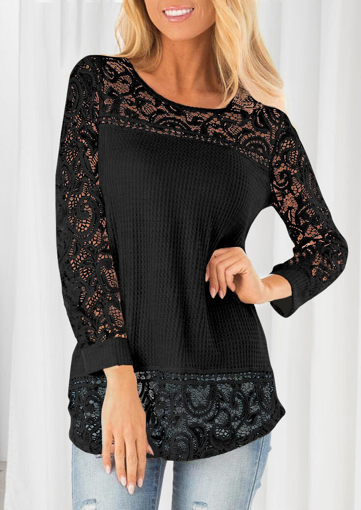 Solid Lace Splicing Blouse – Black