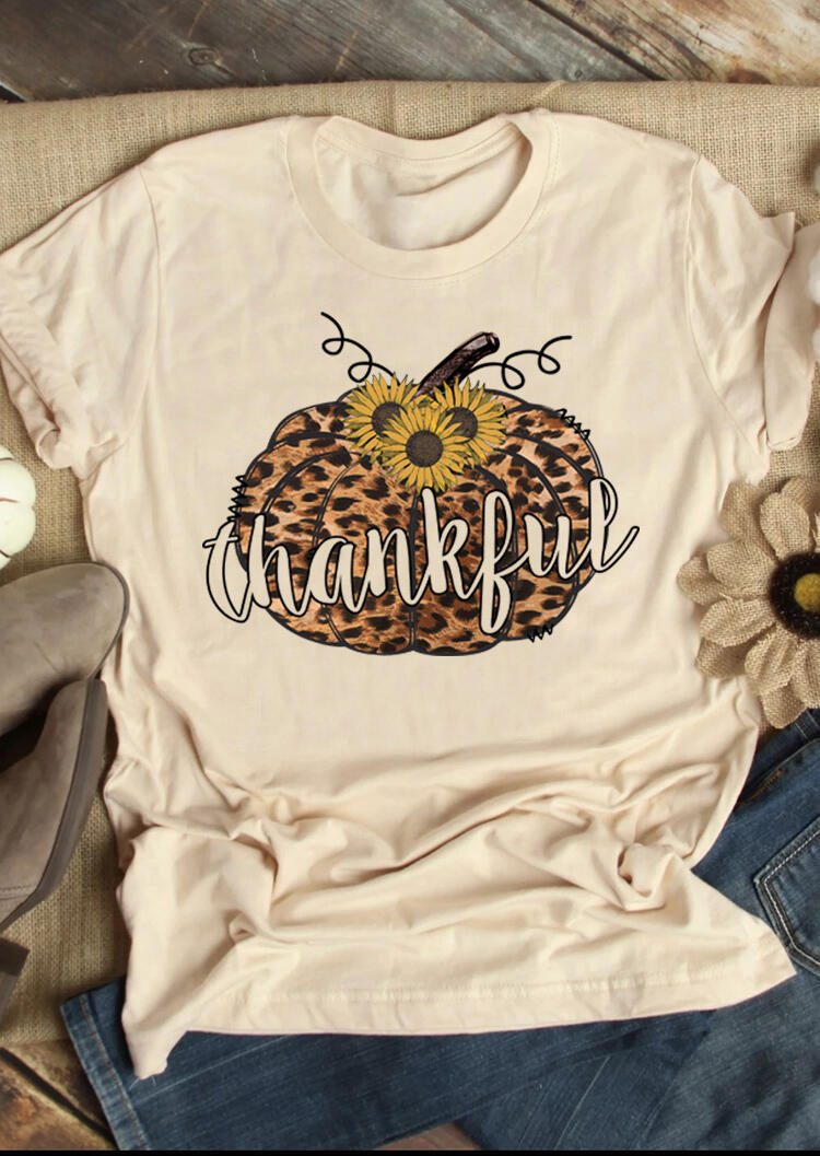 

Tees T-shirts Leopard Printed Sunflower Pumpkin Thankful T-Shirt Tee - Apricot. Size: S,M,,XL
