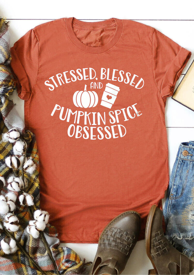

Stressed Blessed And Pumpkin Spice Obsessed T-Shirt Tee - Orange, 457521