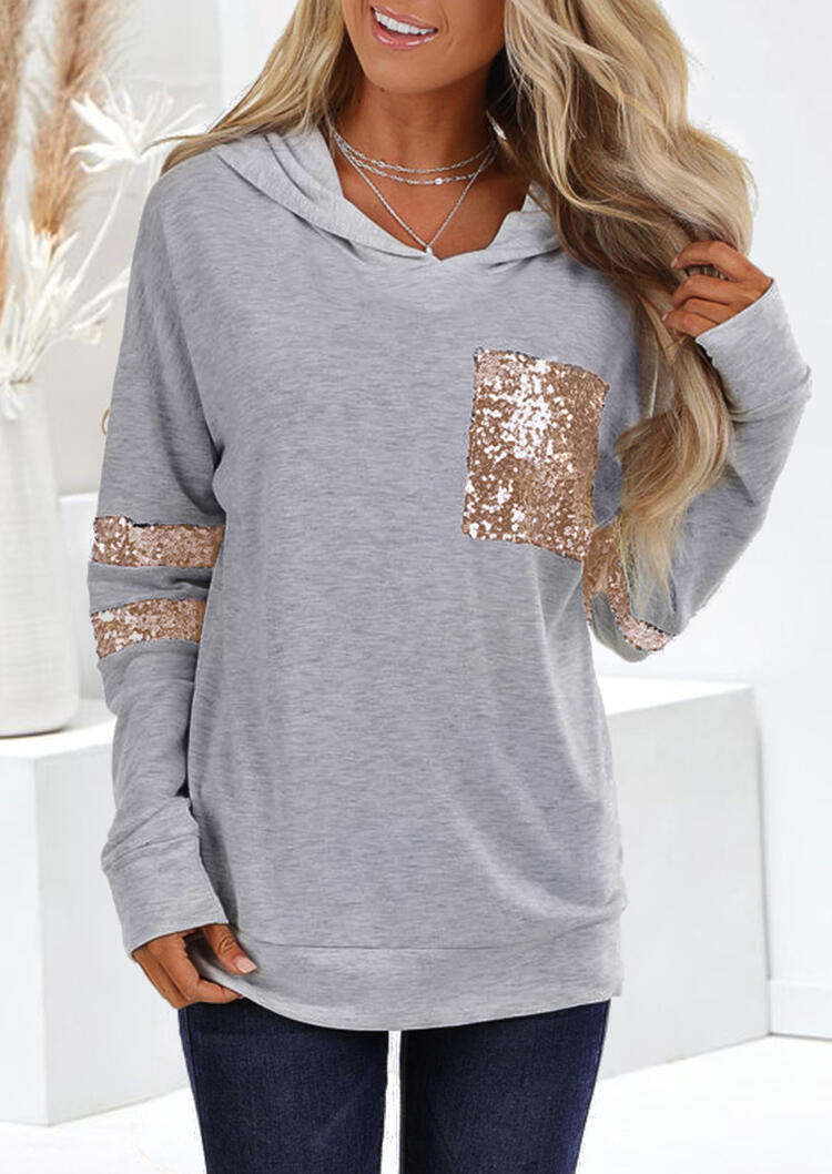 

Sequined Splicing Pocket Long Sleeve Hoodie without Necklace - Gray, 457324