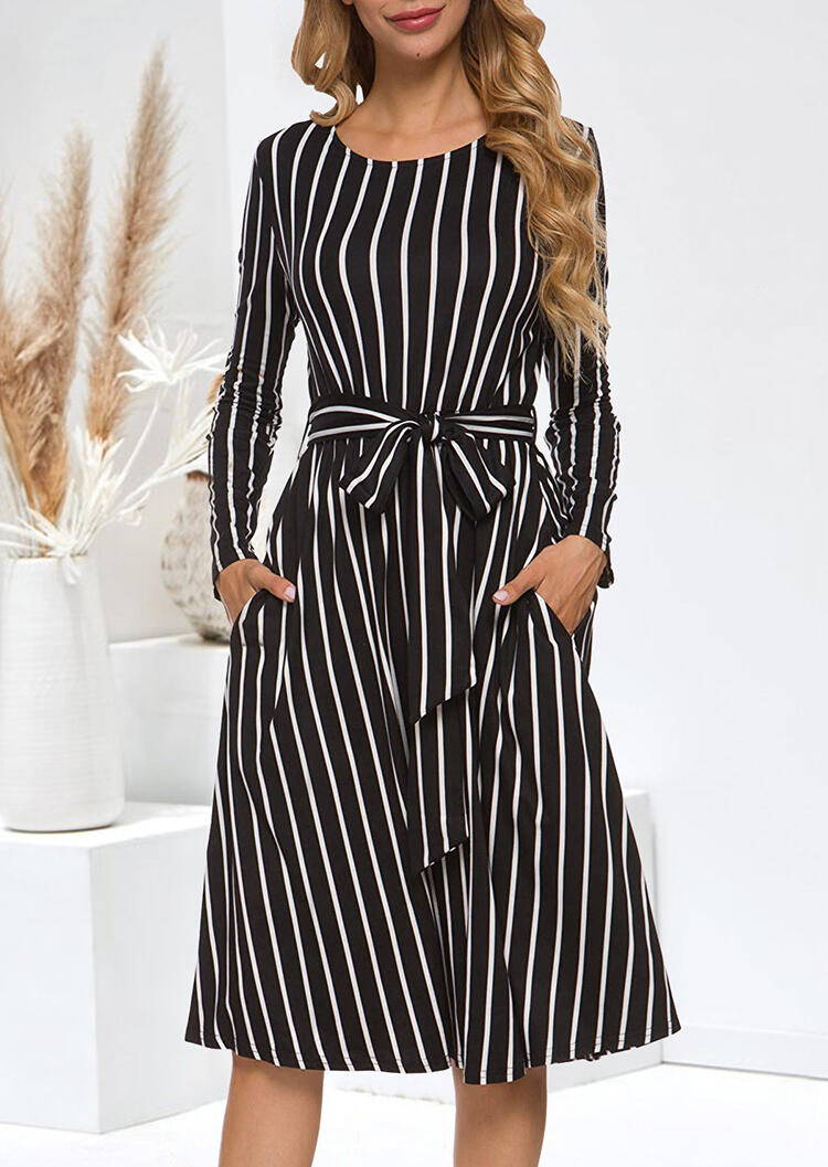 

Casual Dresses Striped Tie Pocket Long Sleeve Casual Dress - Black. Size