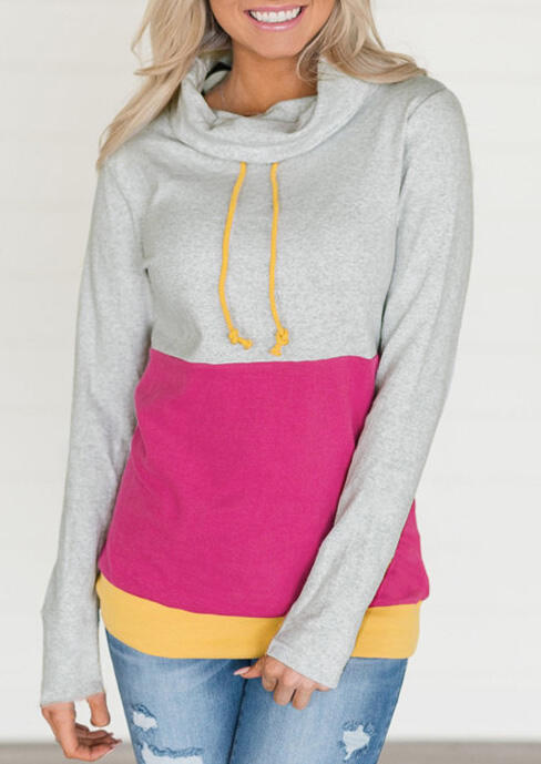 

Color Block Drawstring Cowl Neck Sweatshirt - Rose Red, 457553