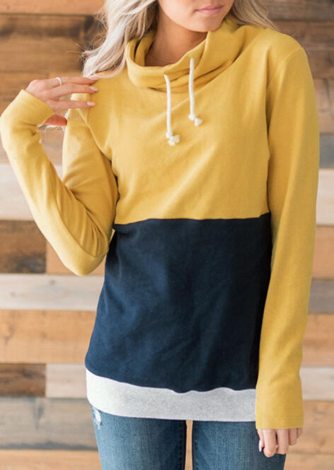 

Hoodies & Sweatshirts Color Block Drawstring Cowl Neck Sweatshirt -Yellow. Size