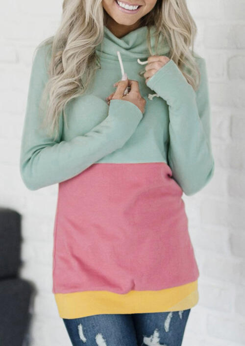 

Color Block Drawstring Cowl Neck Sweatshirt - Light Green, 457561