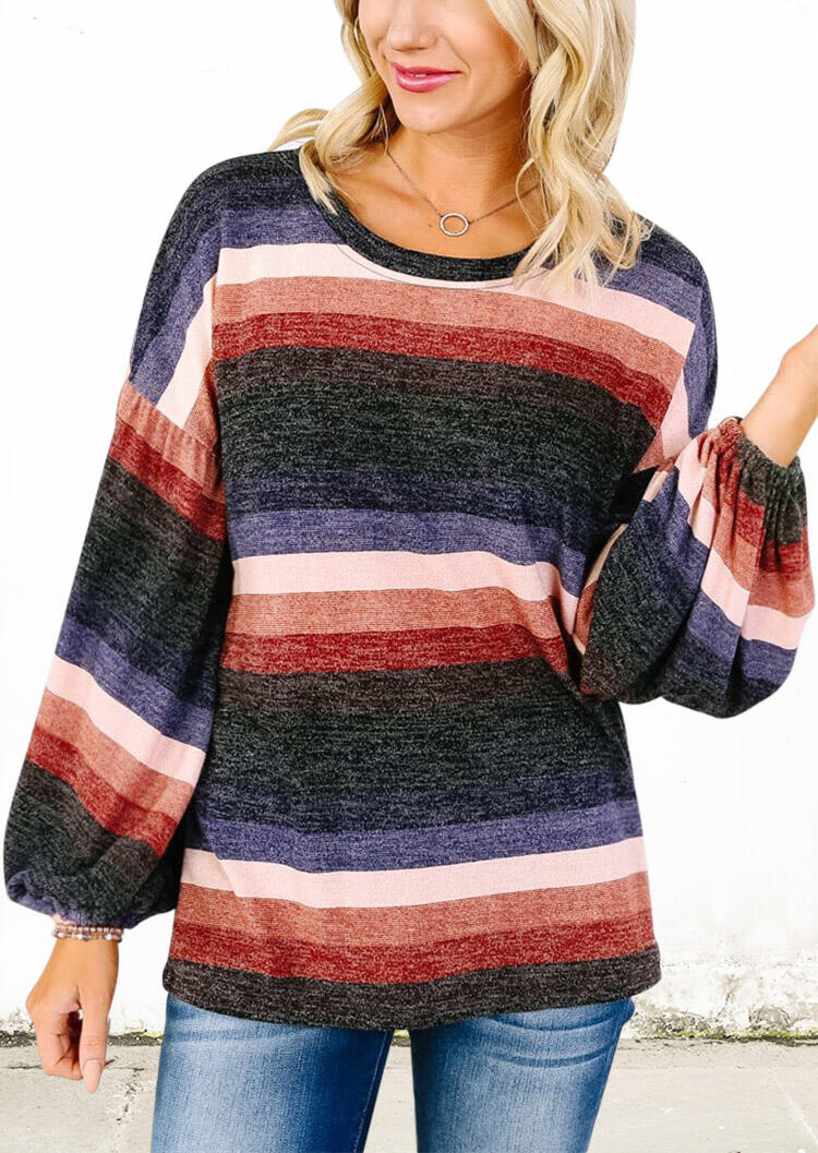 

Colorful Striped Splicing Blouse without Necklace, Stripe, 457586