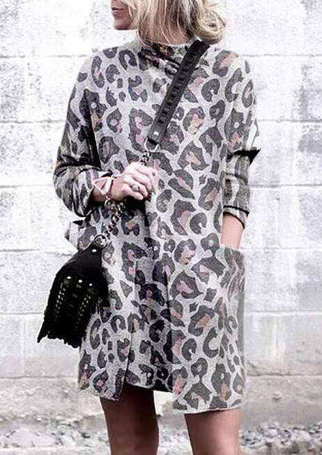 

Leopard Printed Pocket Long Sleeve Mini Dress, 457593