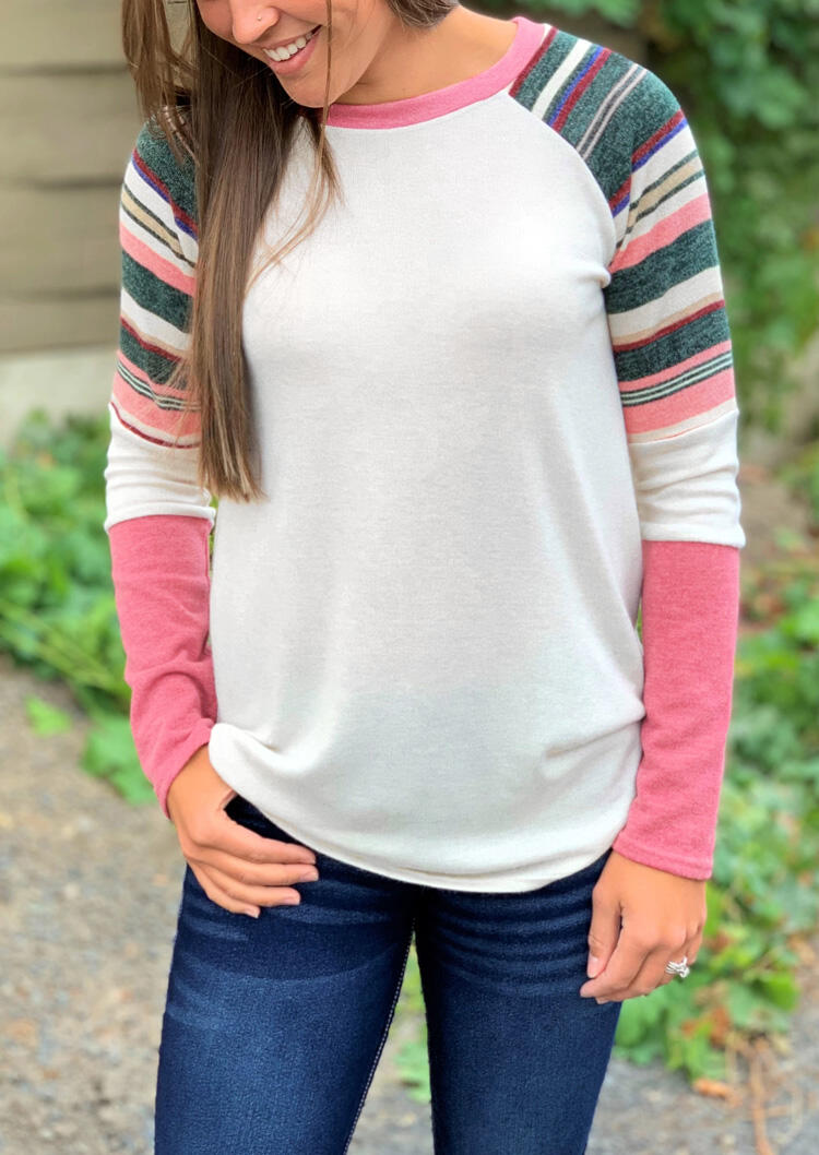 

Colorful Striped Splicing T-Shirt Tee - White, 457596