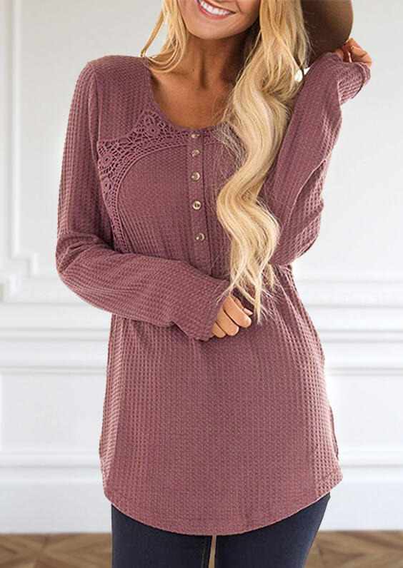 

Solid Knitted Button O-Neck Blouse - Cameo Brown, 457598