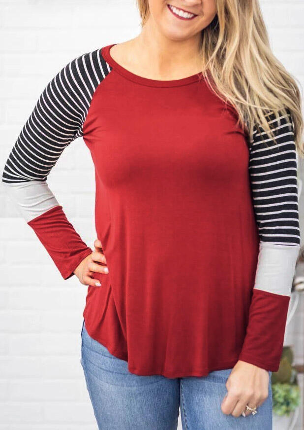 

Blouses Color Block Striped Splicing O-Neck Blouse - Red. Size: S,M