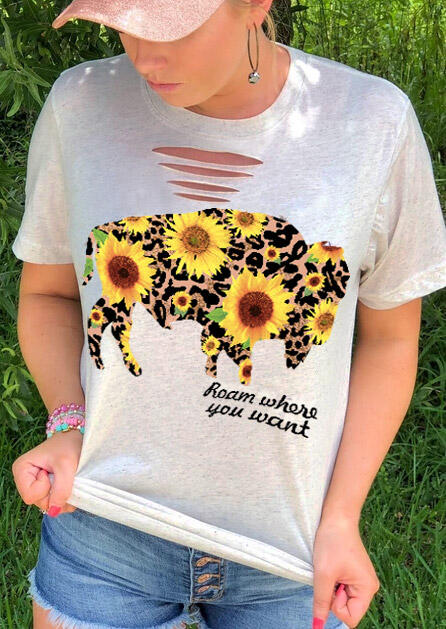 

Sunflower Leopard Printed Buffalo O-Neck T-Shirt Tee - Light Grey, 457601