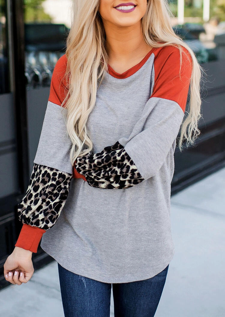 

Color Block Leopard Printed Splicing T-Shirt Tee - Light Grey, 457602